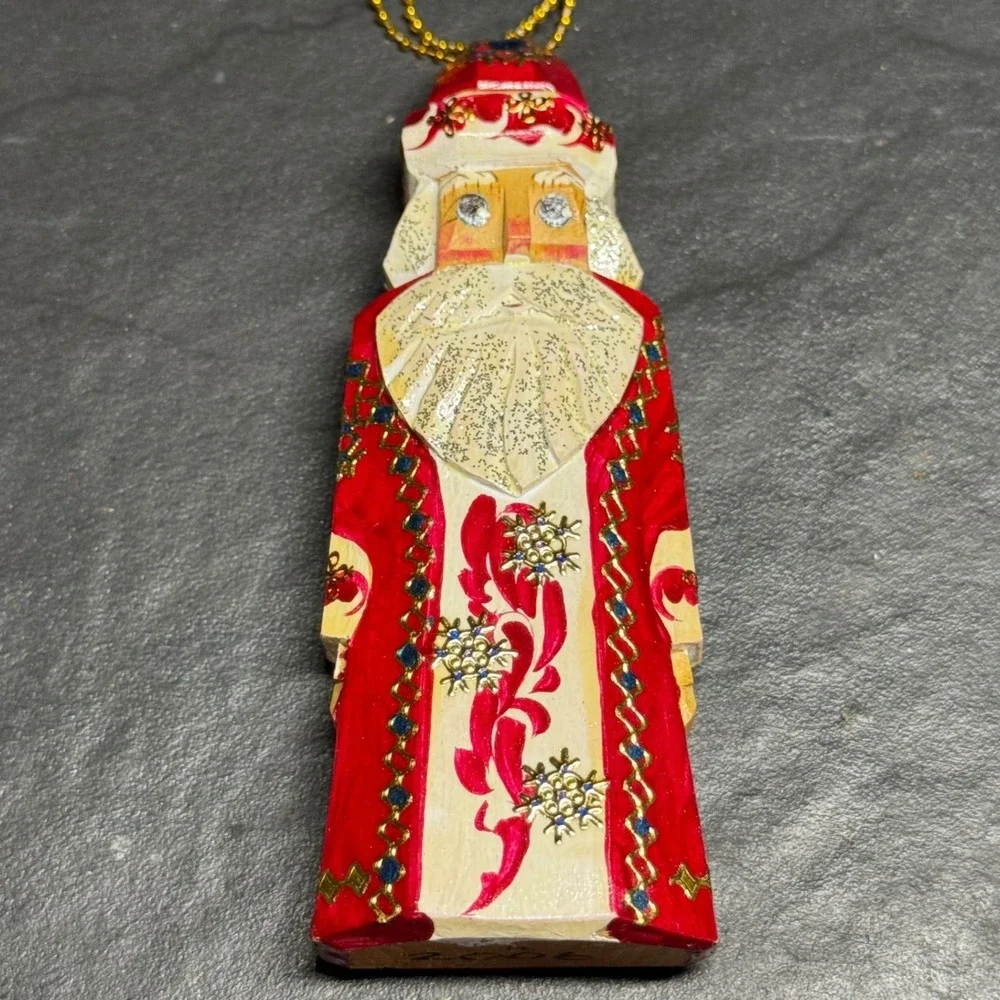 Vintage 2006 Hand Carved Wooden Santa Claus Christmas Ornament Painted Red Gold